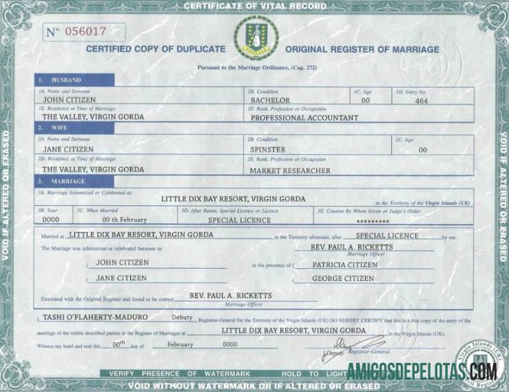 Realista modelo de certidão de casamento nas Ilhas Virgens do Reino Unido em formato PSD